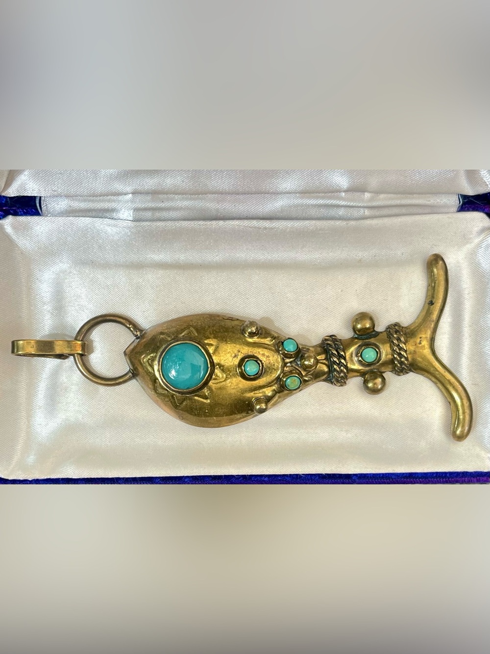 Vintage Early Taxco Atomic Fish Large Pendant Brass Turquoise Glass